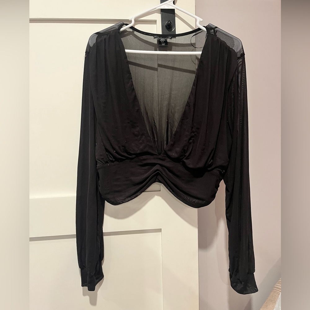 Sincerely Jules Black V-Neck Mesh Long Sleeve Blouse